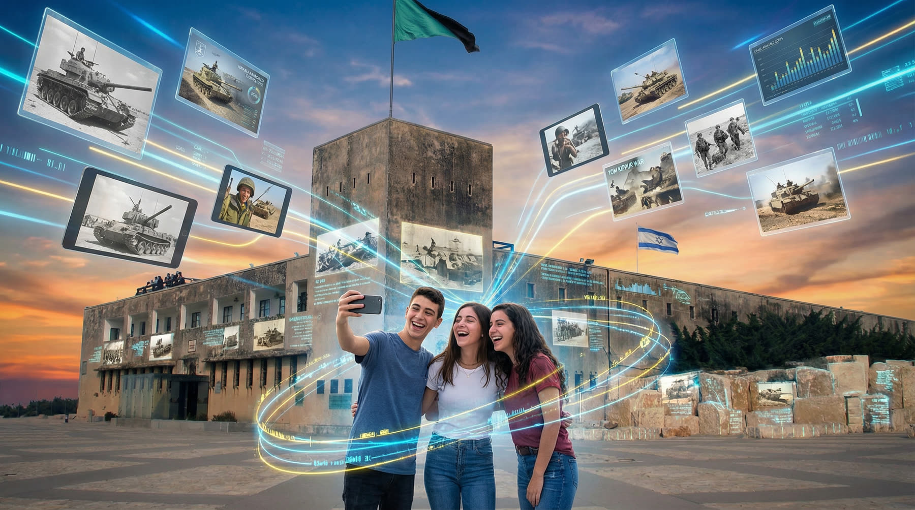 Teenagers taking photos in front of the memorial at Latrun, surrounded by floating archival photographs