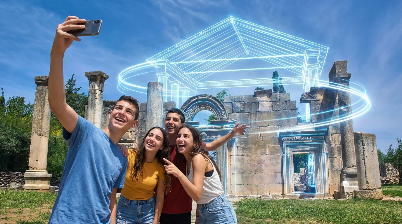 בני נוער מצטלמים מול שרידי בית כנסת עתיק, ומעליהם שרטוט זוהר של המבנה המקורי